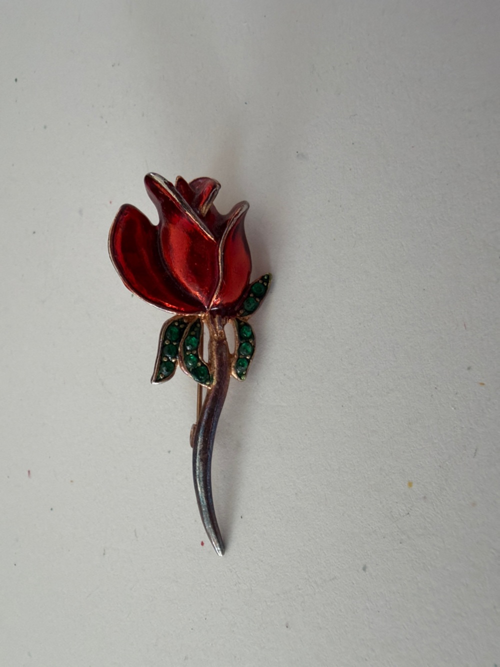 Red Flower Drop Brooch Pin with Green Accents